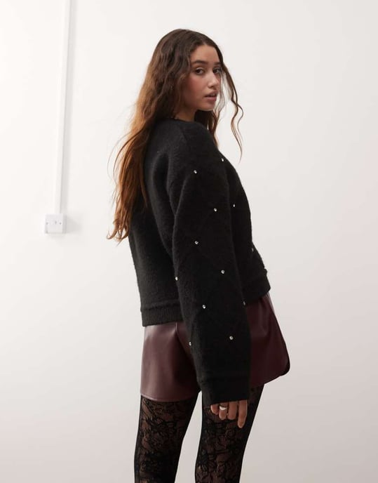 Miss Selfridge diamond pattern embellished wide sleeve jumper in black - Image 4