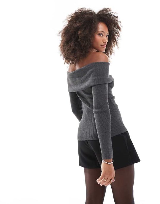Miss Selfridge fold over knit rib bardot in charcoal - Image 3