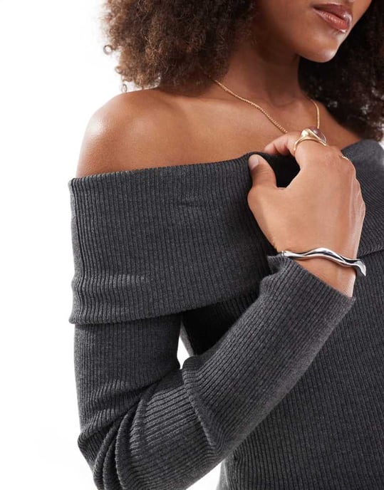 Miss Selfridge fold over knit rib bardot in charcoal - Image 4