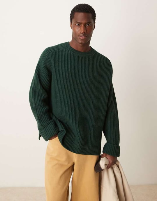 ASOS DESIGN oversized wool mix heavyweight rib knitted jumper in dark green - Image 1