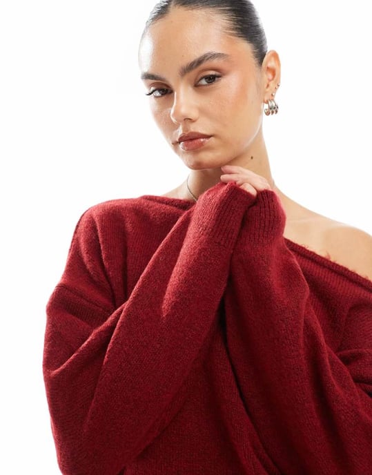 Miss Selfridge slouchy one shoulder jumper in burgundy - Image 2