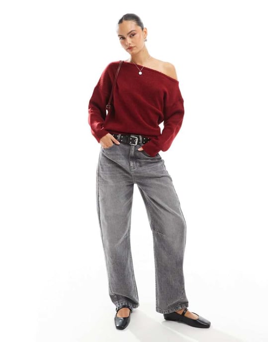 Miss Selfridge slouchy one shoulder jumper in burgundy - Image 3