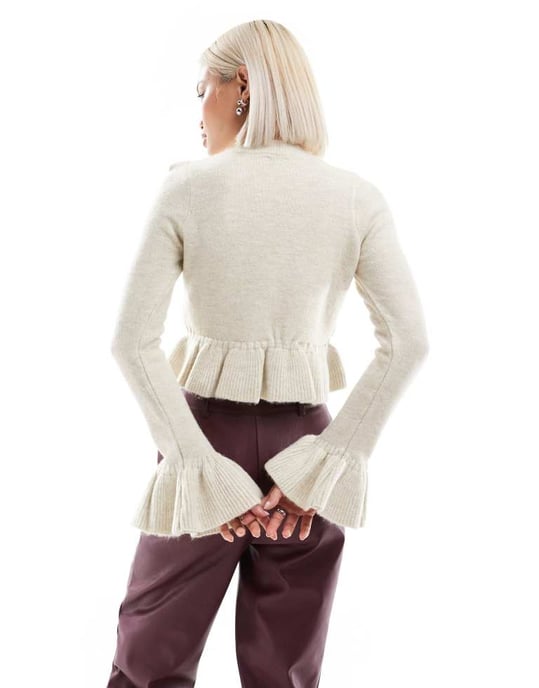 ASOS DESIGN knitted ruffle crop jumper in stone - Image 2