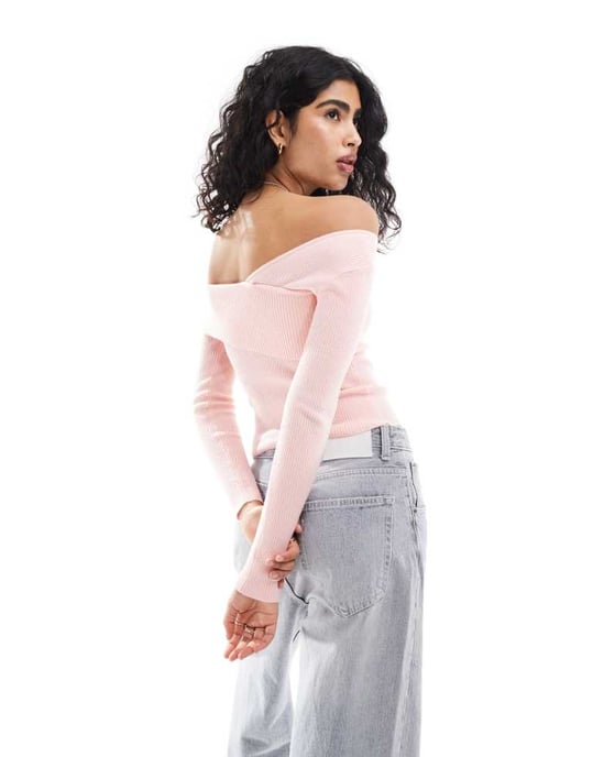 Miss Selfridge asym knit rib long sleeve top in pink - Image 4