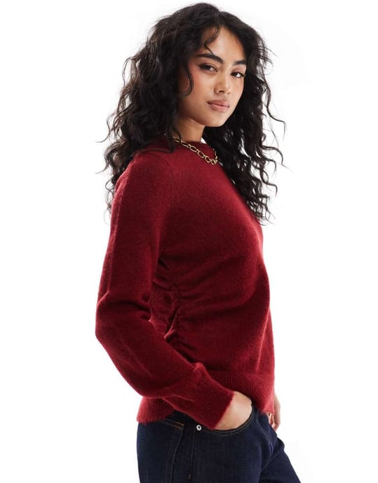 ASOS DESIGN knitted asymmetric jumper with ruched side in burgundy - Image 2