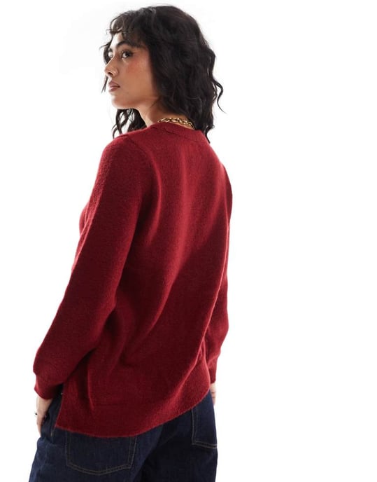 ASOS DESIGN knitted asymmetric jumper with ruched side in burgundy - Image 3