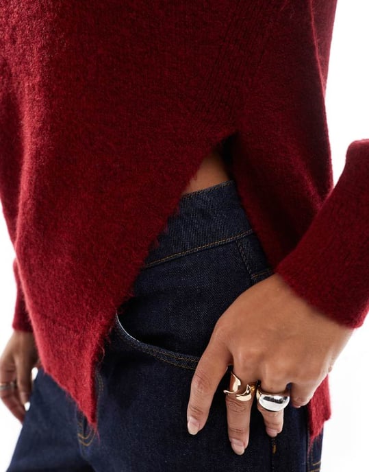 ASOS DESIGN knitted asymmetric jumper with ruched side in burgundy - Image 4