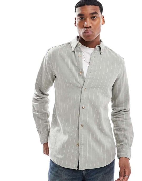 ONLY & SONS long sleeve shirt with stripe in sage - Image 1