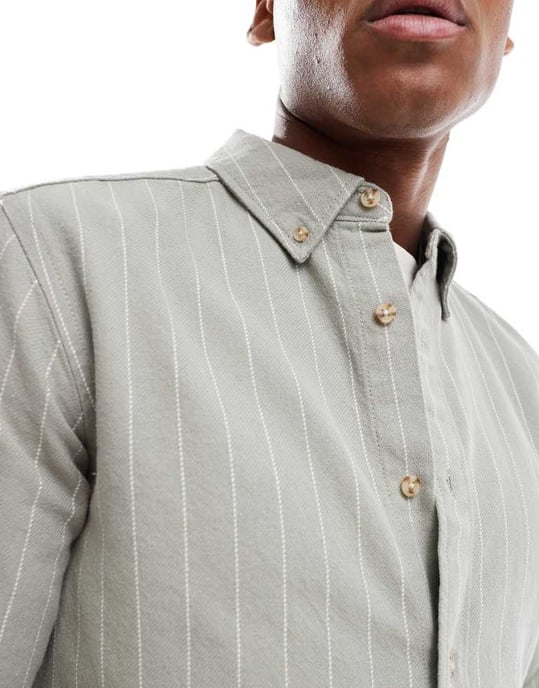 ONLY & SONS long sleeve shirt with stripe in sage - Image 3