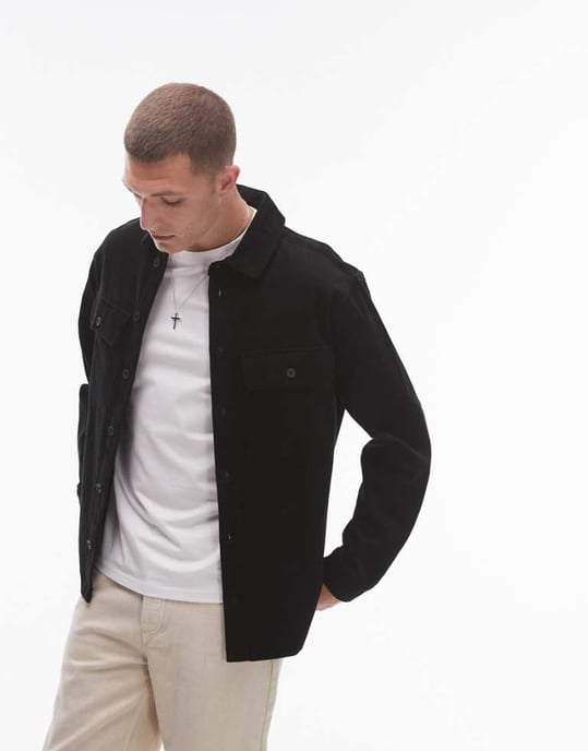 Topman long sleeve cord overshirt in black - Image 1