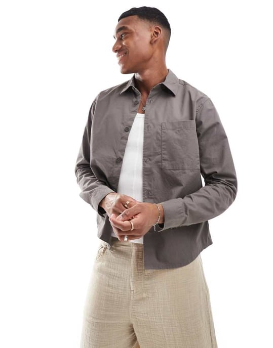 ONLY & SONS long sleeve shirt with frayed detail in charcoal - Image 1