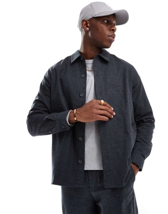 ONLY & SONS long sleeve flannel shirt co-ord in charcoal - Image 1