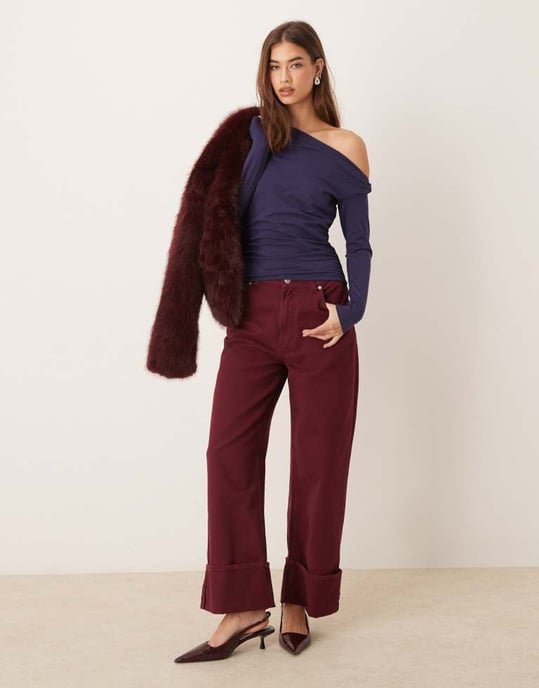 Abercrombie & Fitch asymmetric off the shoulder long sleeve top in navy - Image 2