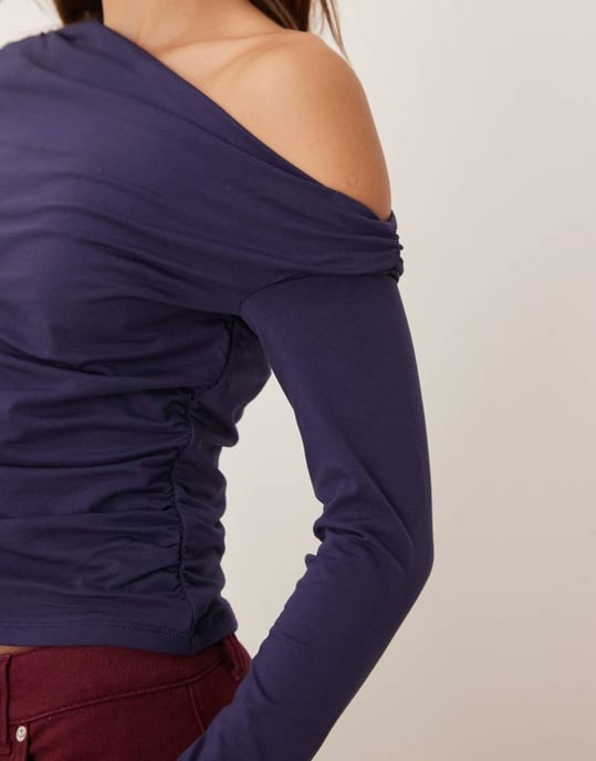 Abercrombie & Fitch asymmetric off the shoulder long sleeve top in navy - Image 4