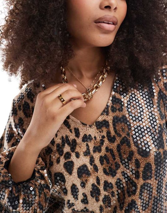 Threadbare leopard print tie front sequin long sleeve top - Image 3