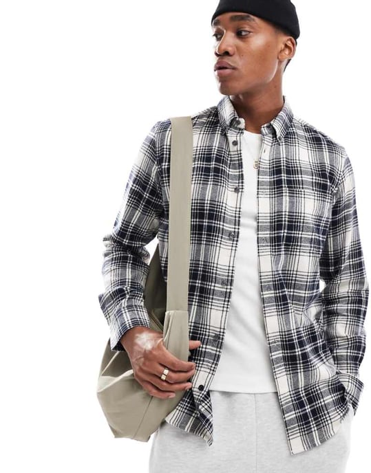 French Connection long sleeve check flannel shirt in ecru and navy - Image 1