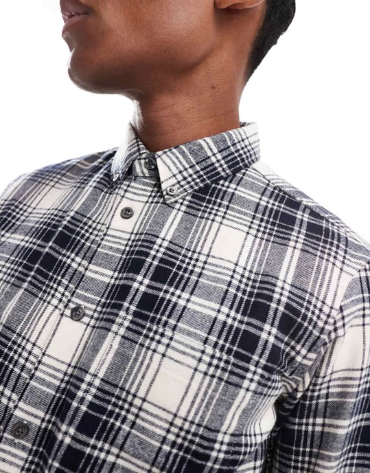 French Connection long sleeve check flannel shirt in ecru and navy - Image 3