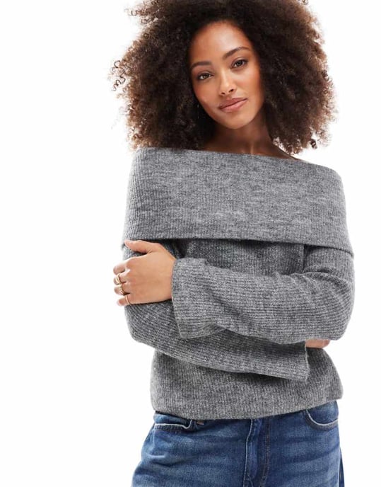 Vero Moda slouchy off shoulder jumper in medium grey melange - Image 1