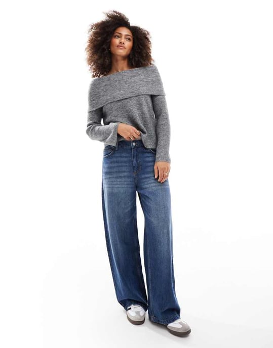 Vero Moda slouchy off shoulder jumper in medium grey melange - Image 2