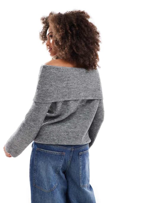 Vero Moda slouchy off shoulder jumper in medium grey melange - Image 3