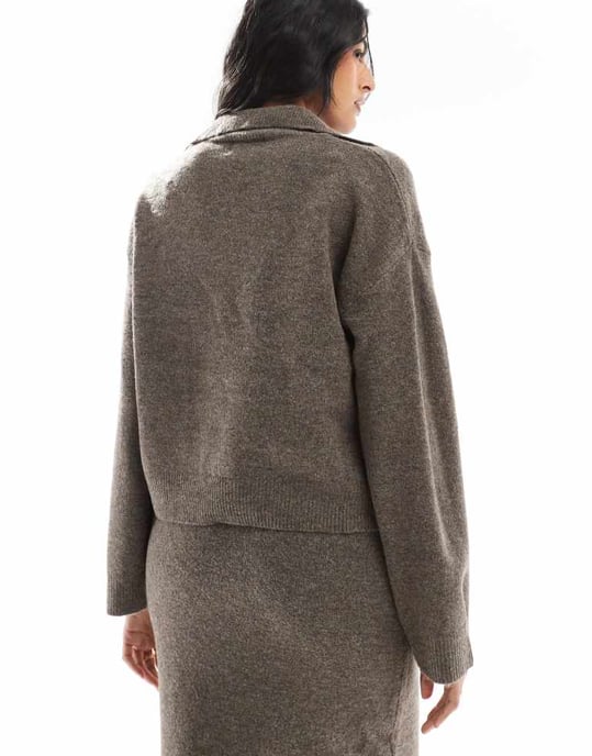 Pieces open polo neck jumper co-ord in deep taupe - Image 4