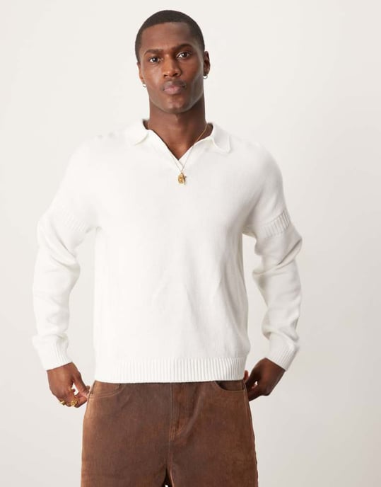 ASOS DESIGN relaxed fit knitted notch neck jumper in ecru - Image 1