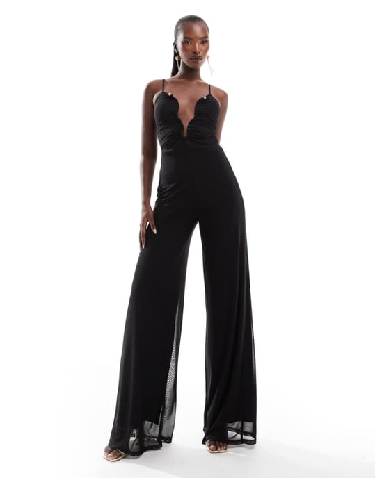 ASOS DESIGN mesh cami wide leg jumpsuit with curvy neckline in black - Image 1