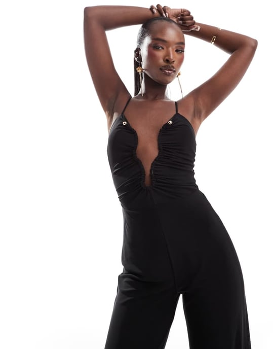 ASOS DESIGN mesh cami wide leg jumpsuit with curvy neckline in black - Image 2