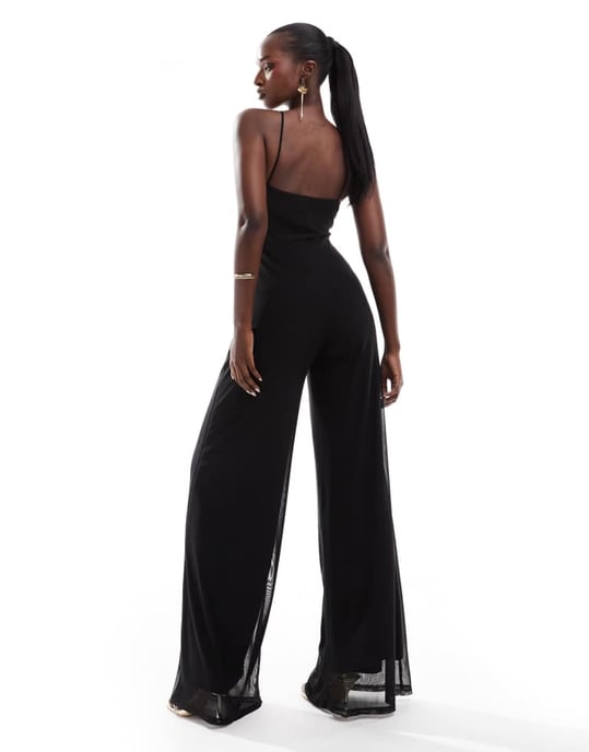 ASOS DESIGN mesh cami wide leg jumpsuit with curvy neckline in black - Image 3