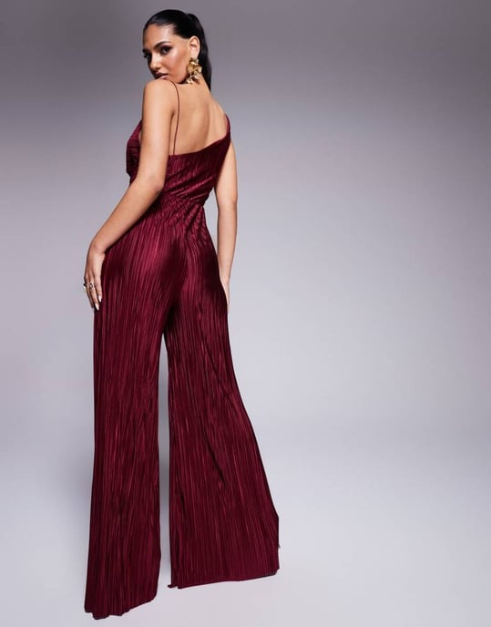 ASOS DESIGN plisse asymmetric drape cami jumpsuit in burgundy - Image 3