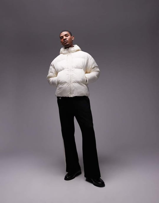 Topman textured hooded puffer jacket in ecru - Image 1