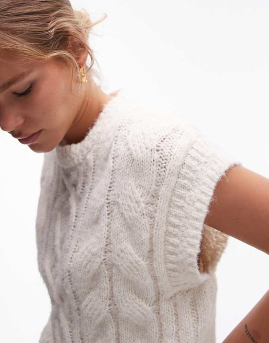 Topshop knitted crew cable vest in ivory - Image 1