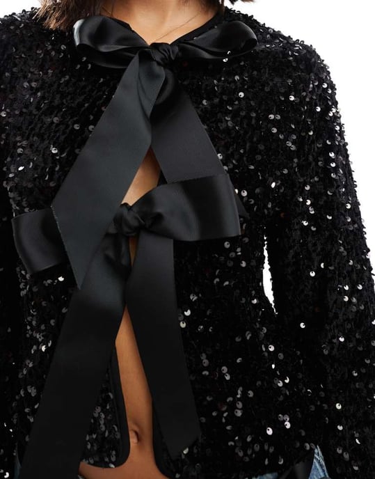 ONLY sequin velvet tie front top in black - Image 2