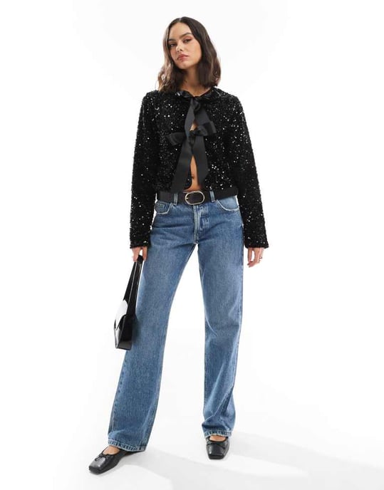 ONLY sequin velvet tie front top in black - Image 3