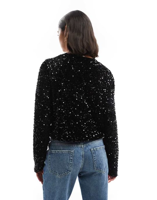 ONLY sequin velvet tie front top in black - Image 4