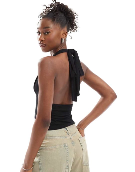 COLLUSION cupro longline slinky halter top black - BLACK - Image 3