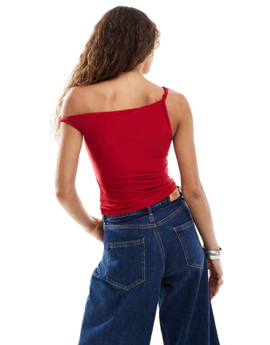 COLLUSION twist detail off the shoulder top in red - Image 3