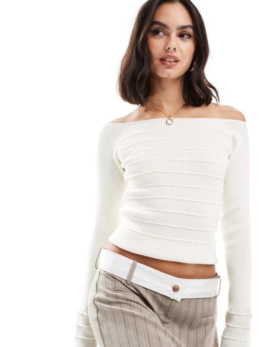 ASOS DESIGN knitted off the shoulder bardot top with stitch detail in cream - Image 1
