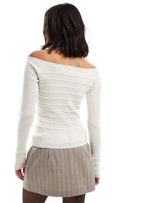 ASOS DESIGN knitted off the shoulder bardot top with stitch detail in cream - Image 3