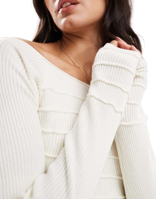 ASOS DESIGN knitted off the shoulder bardot top with stitch detail in cream - Image 4