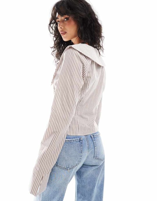 ASOS DESIGN poplin fitted collar shirt in pink stripe - Image 4