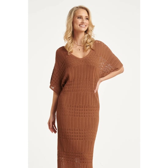 Smashed Lemon Gebreide maxi-jurk met v-hals in bruin | - Image 4