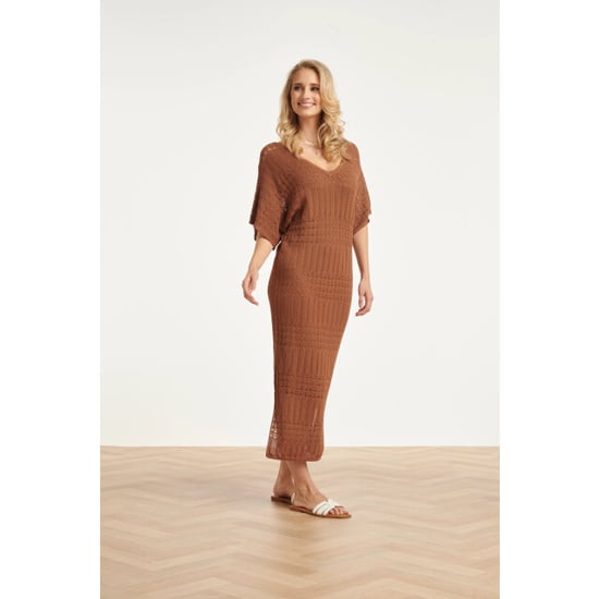 Smashed Lemon Gebreide maxi-jurk met v-hals in bruin | - Image 5