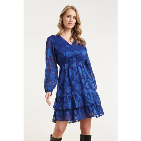 Smashed Lemon Blauwe jurk met bloemenstructuur en ruffle zoom | - Image 1
