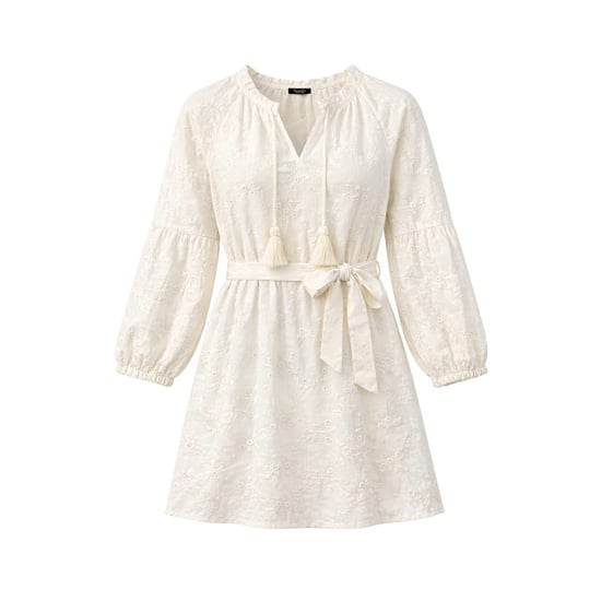 Smashed Lemon Crème jurk met broderie en tailleceintuur | - Image 5