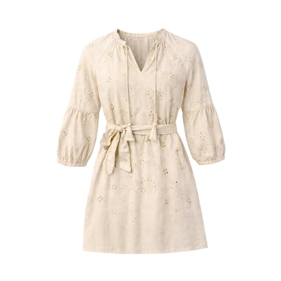 Smashed Lemon Beige jurk met broderie en strikceintuur | - Image 4