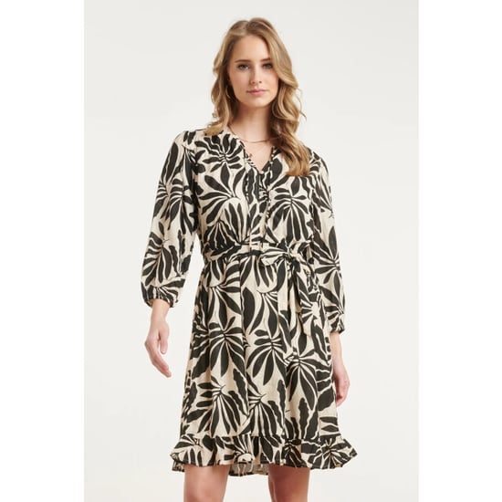 Smashed Lemon Zwart-beige bladerenprint jurk met ceintuur | - Image 1