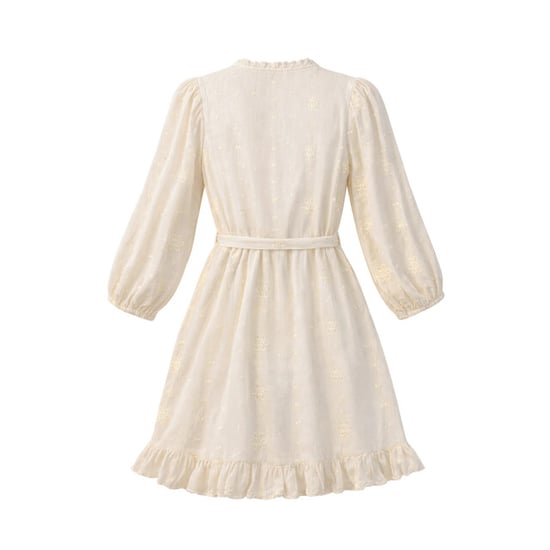 Smashed Lemon Crème jurk met subtiel borduursel en ruffle zoom | - Image 3