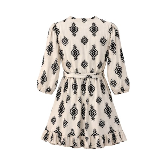 Smashed Lemon Crème jurk met zwarte geometrische print en ceintuur | - Image 4