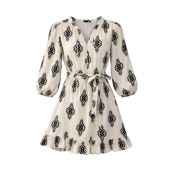 Smashed Lemon Crème jurk met zwarte geometrische print en ceintuur | - Image 6